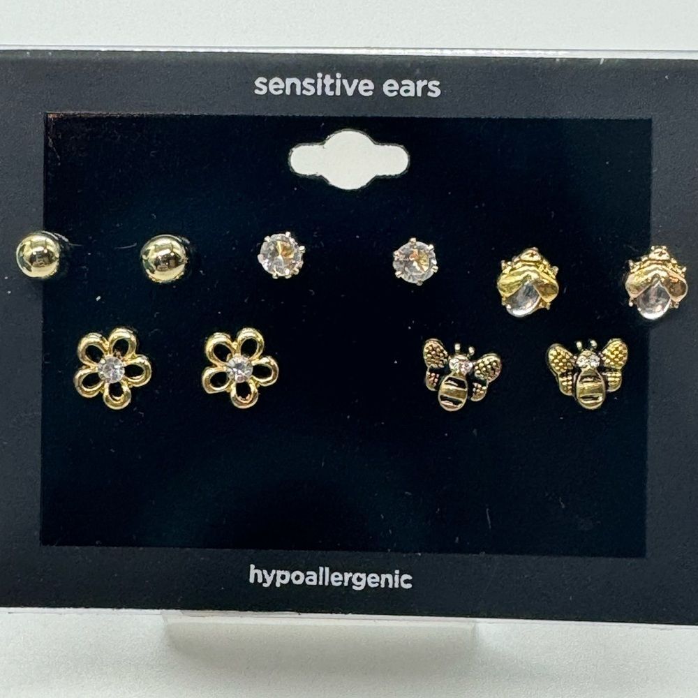 Variety 5 Pairs Gold Tone Post Earrings Flower Bee